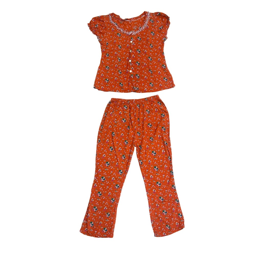 Vintage Handmade Floral Set Orange Red‎ Coquette Ruffle Trim Women Small cottage